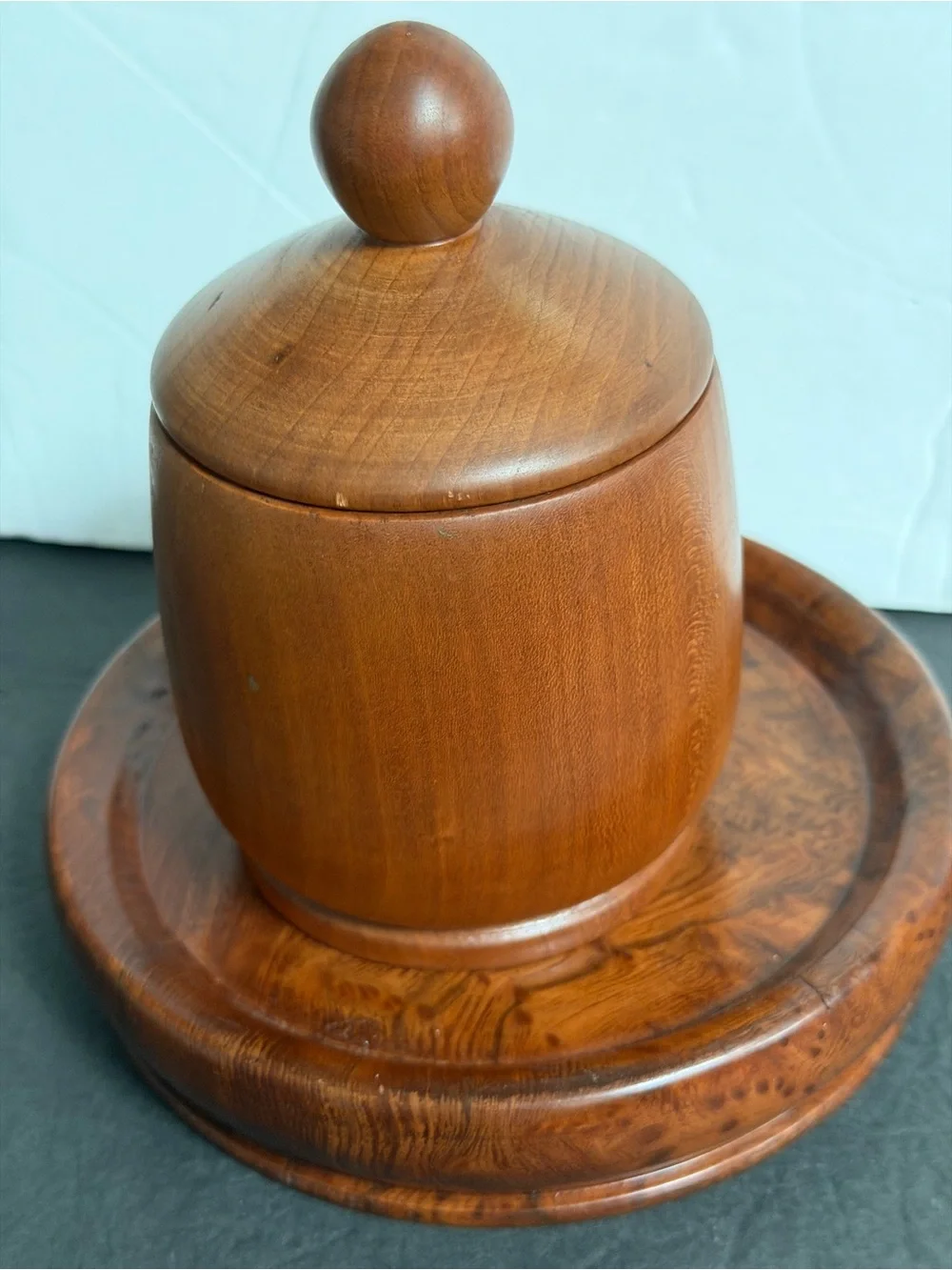 Set of Two Turned Wooden Canisters with Lids - Rich Brown